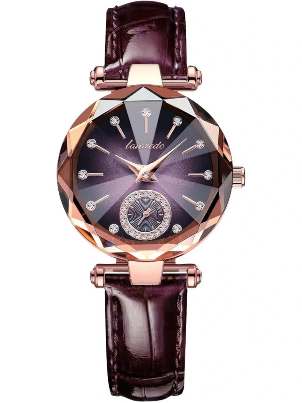 Women Purple Gold Elegant Leather Strap Analog Creative Diamond Dial Wrist Watch